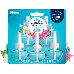lot 6673 image: Glade PlugIns Scented Oil 5 Refills  Air Freshener  Aqua Waves  Essential Oil Infused Wall Plug In  3.35 FL oz Pack of 5