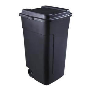 lot 6685 image: Rubbermaid 50 gal Roughneck Wheeled Plastic Garage Trash Can Black (MISSING LIDDented)