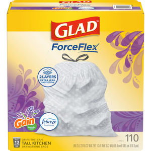 lot 6691 image: Glad ForceFlex Tall Kitchen Drawstring Trash Bags - 13 Gallon White Trash Bag  Mediterranean Lavender scent with Febreze Freshness - 110 Count