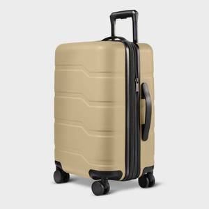 lot 6703 image: Hardside Carry On Spinner Suitcase Beige - Open Story Water-Resistant Luggage - Retail $63
