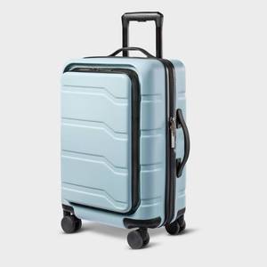 lot 6704 image: Hardside Carry On Spinner Suitcase with Front Pocket - Open Story Muddy Aqua Water-Resistant Luggage with Telescoping Handle - Retail $100