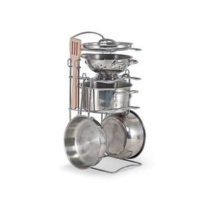 lot 13313 image: Melissa & Doug Stainless Steel Pots and Pans Pretend Play Kitchen Set for Kids with Wooden Utensils (8 Pcs)