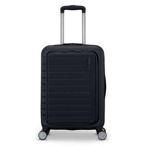 lot 15900 image: American Tourister Open Front Hardside Carry On Spinner Suitcase - Black Metal Handle, Solid Pattern - Retail $150