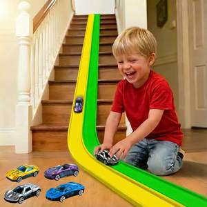 lot 7276 image: Flex Track 15ft for Kids, Build-Your-Own Creative Race Track Set, Dual-Tone Green & Yellow with Toy Cars & Parts