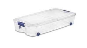 lot 6871 image: Pack of 4 ,Sterilite 66 Quart Latching Underbed Wheeled Storage Bin, Clear Plastic Storage Container with Latch Lid, Blue (3 BROKEN LIDS, ONE BROKEN WHEEL) - Retail $80