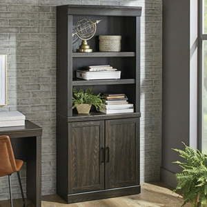 lot 6881 image: Better Homes & Gardens Glendale 5 Shelf Bookcase with Doors, Dark Oak Finish - Retail $147