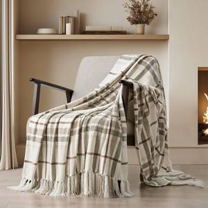 lot 7298 image: EverGrace Plaid Chenille Throw Blanket for Couch, Super Soft Cozy Decorative Farmhouse Plaid Throw with Tassels Beige 50x60