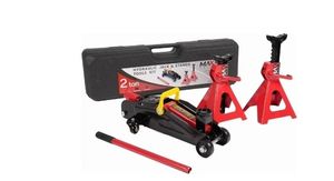 lot 6883 image: 2-Ton (4400 lbs) Hydraulic Low Profile Trolley Garage ServiceFloor Jack with Blow Mold Carrying Storage Case and 1 Pair 2 Ton Jack Stands for Home and Workshop Vehicle Maintenance - Retail $71