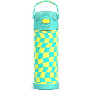 lot 6923 image: 470mL Stainless Steel Non-Licensed FUNtainer� Bottle with Spout and Locking Lid Wavy Checkers Teal