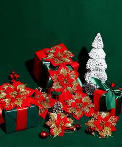 lot 7313 image: 24Pcs Christmas Poinsettia Flowers Ornaments with Clips Steams, Glitter Christmas Artificial Flower Decor