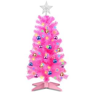 lot 7325 image: 3 Ft Pink Christmas Tree Tinsel Dual Color Change Timer 12 Modes DIY 50 Colored & Warm White Lights 15 Ball Ornaments Star Battery Operated Small Artificial Full Xmas Tree