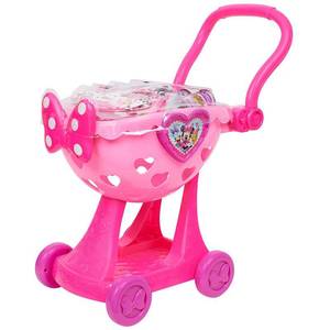 lot 7925 image: Disney Junior Minnie Mouse Bowtique Shopping Cart  9-piece Plastic Grocery Set  Ages 3 and up - Retail $51
