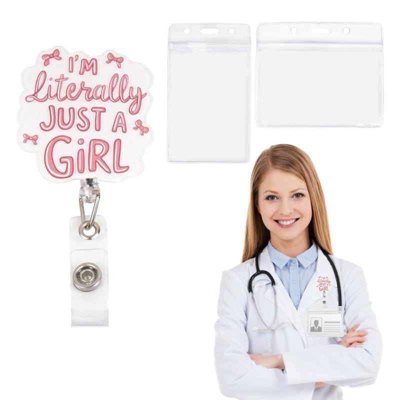 lot 7328 image: Just a Girl Badge Reel Retractable with Pink Bow
