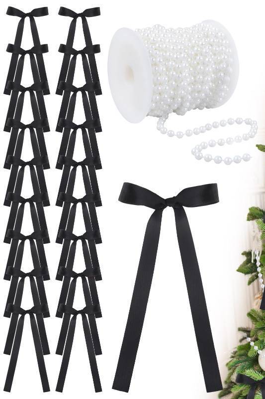 lot 7368 image: 24 Pcs Black Satin Bows for Christmas Tree Ribbon Bows Christmas Ornaments with 33 ft Faux Pearl Beads Vintage Rustic Decorations Crafts for Xmas Tree Wreath Door Garland Holiday, 3.94x7.87inch