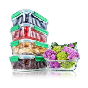 lot 7346 image: NutriChef 5-Piece Food Storage Containers - 35.86 oz Stackable Superior Premium Glass Meal-prep w Airtight Locking Lid  BPA-Free 100% Leakproof  Freezer-to-Oven-Safe  Wave Design  Dishwasher Safe