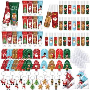 lot 7363 image: 50 Set Christmas Hand Cream Bulk and Lip Balm Bulk Xmas Holiday Gifts Favors with Organza Bag Thank You Card and Acrylic Keychains Thank You Gift Set Bulk Christmas Stuffers Party Supplies - Retail $60