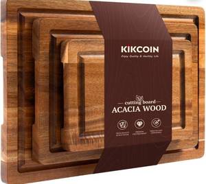 lot 7927 image: Kikcoin Acacia Wood Cutting Board, Cutting Board Set of 3 with Juice Groove, Wooden Chopping Boards for Kitchen, for Meat & Vegetables