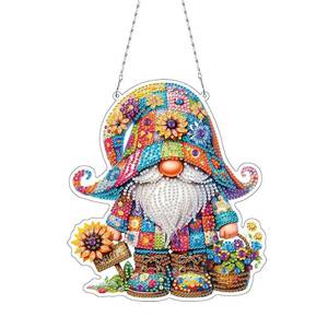 lot 7933 image: Gnome and Sunflower Diamond Painting Hanging Pendant Kit, 5D DIY Acrylic Crystal Special Shaped Window Garden Diamond Art Ornament for Adult (