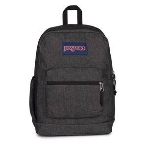 lot 6935 image: JanSport Cross Town Plus Remix 17 Backpack - Black Abstract Denim Shell, Expandable Pocket - Retail $55