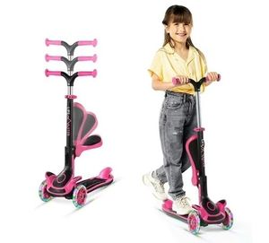 lot 6986 image: Kids Scooter Foldable Seat LED Wheel Lights Illuminate When Rolling Children and Toddler 3 Wheel Kick Scooter -Pink (MISSING HANDLE)