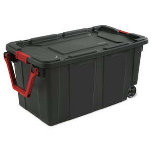 lot 13431 image: Sterilite 40 Gallon Wheeled Plastic Storage Tote Black 2 Pack