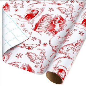 lot 13468 image: 40 in. Grinch Toile Christmas Wrapping Paper with Cutlines, Red and White 5 Rolls (SOME ROLES ARE SLIGHTLY BENT)