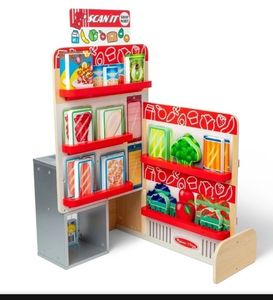 lot 14023 image: Melissa & Doug Wooden Scan It Shop Mart Play Set with Electronic Scanner and Wooden Play Food to Scan Toy Kitchen with Creative Accessories - Retail $89