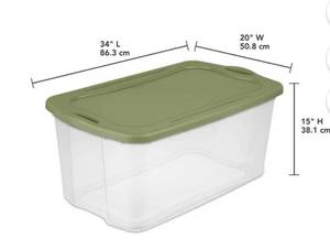 lot 15001 image: Sterilite 120 Qt Storage Container with Sage Lid - 7 Pack - Retail $70