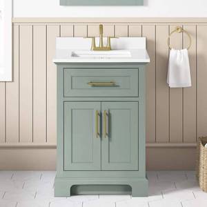 lot 15026 image: Doveton 24 in. Single Sink Freestanding Sage Green Bath Vanity with White Engineered Stone Top (Assembled) - Retail $399