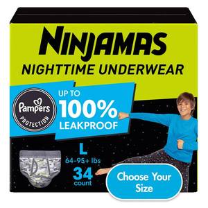 lot 30005 image: Pampers Ninjamas Nighttime Bedwetting Underwear Boy - Size LXL - 34ct Odor Control, Leak Guards, Polypropylene, Spandex