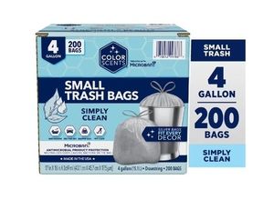 lot 30029 image: Color Scents 4-Gallon Small Drawstring Trash Bags with Simply Clean Scent and Microban, 200 Bags