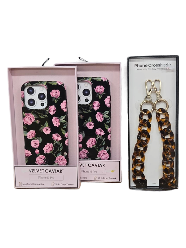 lot 10537 image: 2 Velvet Caviar iPhone 16 Pro Case Set with Phone Cross Chain