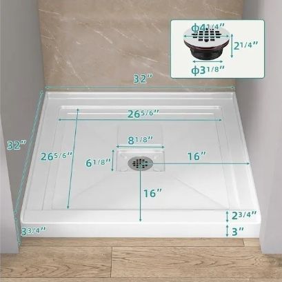 lot 16891 image: 32 in. L x 32 in. W Single Threshold Alcove Floor Shower Pan Base with Center Drain in White Square Acrylic Shower Base - Retail $281