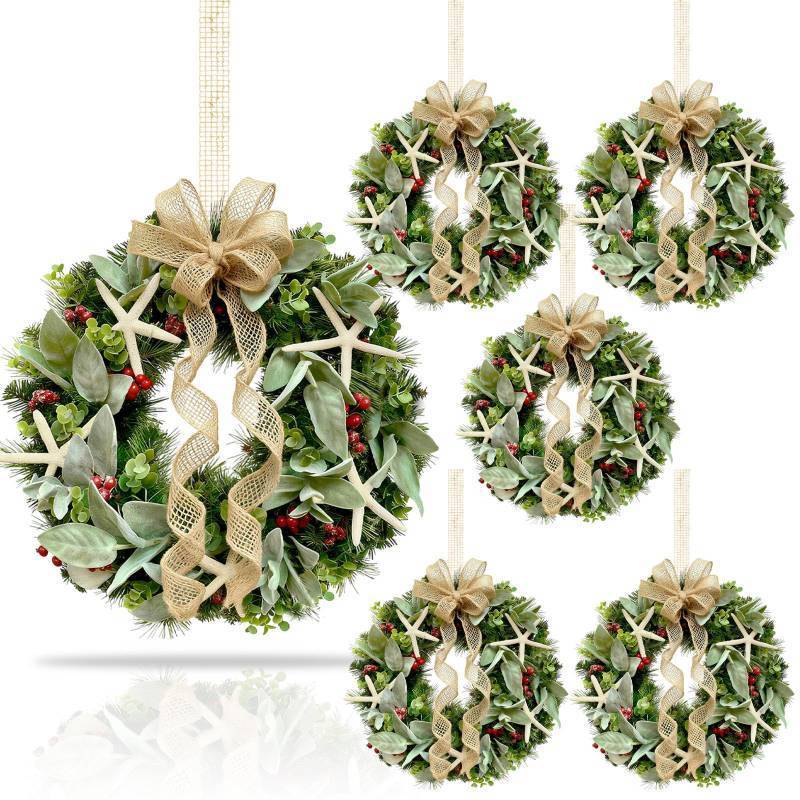 lot 15606 image: 6 Pcs Natural Starfish Mini Christmas Cabinet Wreath for Kitchen Sea Star Fish Small Hanging Artificial Wreath