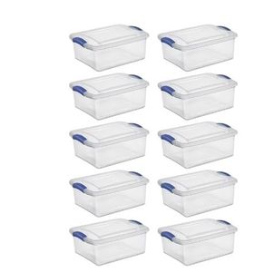 lot 30110 image: Sterilite Small Latching Storage Bin, 15 Quart Clear Plastic Storage Container with Latch Lid, Blue, 10 Pack (Missing ONE)