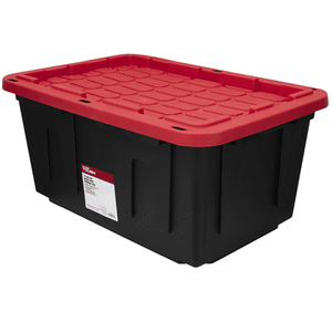 lot 30117 image: Pack of 4, Hyper Tough Large Storage Bin 27 Gallon Plastic Storage Container with Snap-On Lid  Black and Red - Retail $60