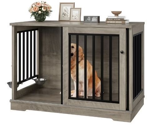 lot 6211 image: Dog Crate Furniture, 47.2W Wooden Indoor Dog Cage Table with Sliding & Lockable Doors, Gray - Retail $180