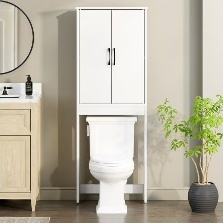 lot 6362 image: Mainstays Ardent Over-the-Toilet Bathroom Storage Cabinet, White (See Pics) - Retail $60