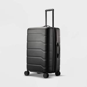 lot 13568 image: Hardside Medium Checked Spinner Suitcase - Open Story Black 26in H x 16.75in W x 10.5in D Retails $110