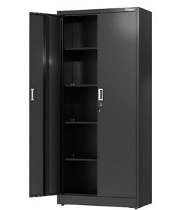 lot 30129 image: WORKPRO Metal Garage Storage Cabinet with Locking Doors and Adjustable Shelves,71 inches Tall Storage Cabinet for Tools, Office, Home, Shops (Black), Solid Packed - Retail $190