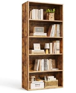 lot 30134 image: 5 Tier Bookcase Storage, 53 Inch Large Tall Floor Standing Open Bookshelf for Home Office, Living Room, and Bedroom, Rust