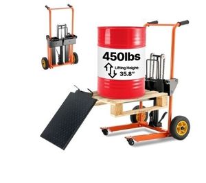 VEVOR Hydraulic Material Lift Winch Stacker, 450 lbs Load Capacity, Pallet Truck Dolly with Fork Lift Table, 35.8 Inches Max Lifting Height, Foldable & Portable Pallet Jack Table Cart, Yellow & Black - Retail: $270