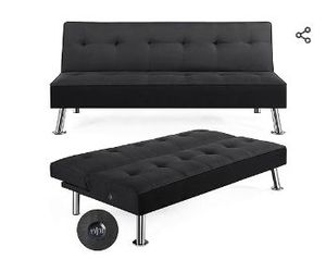 lot 30141 image: Yaheetech Modern Convertible Futon Sofa Bed w 2 Integrated USB Charging Ports Fabric Loveseat Couch Metal Legs, 3 Angles Adjustable Back for Compact Living Space, Apartment, Dorm, Bonus Room Black - Retail $134