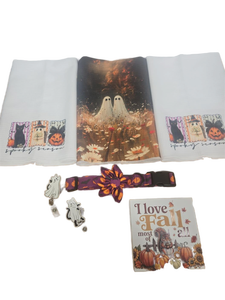 lot 7429 image: Halloween Fall Themed Kitchen Towels, Dog Collar, Painting, and 2 Bags