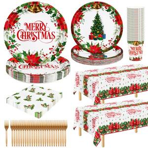 lot 31047 image: 152pcs Christmas Plates and Napkins Sets, 9 and 7 Red Green Christmas Party Paper Plates Sets- Serves 30