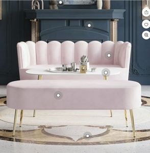 lot 30156 image: Castle Place Modern Luxury Upholstered Velvet Love Seat with Bench and Coffee Table, Light Pink (COSMETIC DAMAGE) - Retail $355