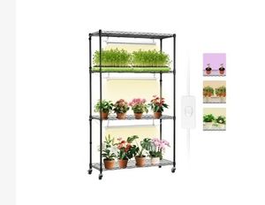 lot 30174 image: VEVOR Plant Stand with Grow Light, 4 Tier Plant Shelf with 90W Grow Light for Indoor Plants, Grow Light Shelf Full Spectrum Lights Adjustable Metal Plant Stand for Seed Starting - Retail $102