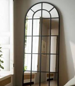 lot 15081 image: Black 30 in. W x 71 in. H Arched Windowpane Modern Aluminum Alloy Framed Full Length Mirror Floor Mirror - Retail $100