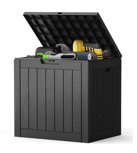 lot 13696 image: 31 Gallon Outdoor Storage Box, Waterproof Resin Deck Box with Lockable Lid & Built-in Handles, 170 Lbs Capacity Storage Bench for IndoorOutdoor Use,Black