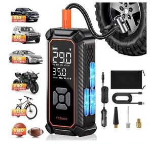 lot 30233 image: Ophanie Tire Inflator Portable Air Compressor, 9000mAh, 150PSI, Auto Air Pump for Car Tires, Motorcycle, Bicycle, Electric Pump with LED Light Digital Pressure Gauge & Auto Shut-Off